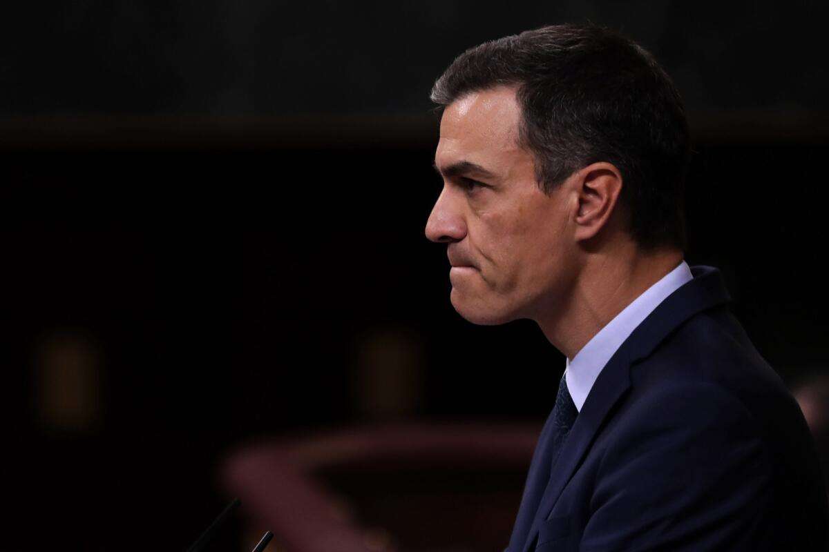 Spains Prime Minister Pedro Sanchez speaks at the Spanish parliament in Madrid Spain