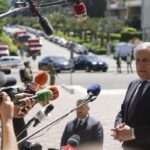 Italian Foreign Affairs Minister Antonio Tajani speaks to reporters