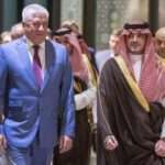 Russian Interior Minister Vladimir Kolokoltsev left with Saudi I Minister Prince Abdulaziz bin Saud in Riyadh