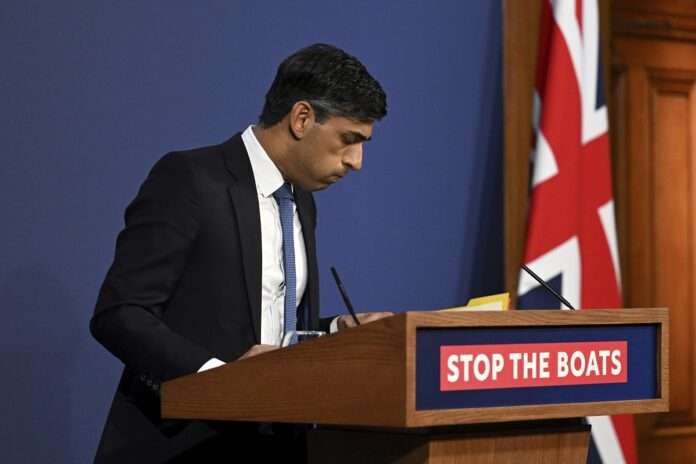 Britains Prime Minister Rishi Sunak gestures during a press conference
