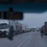Trucks stay in a queue in Izmail Ukraine