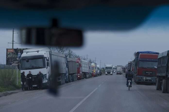 Trucks stay in a queue in Izmail Ukraine