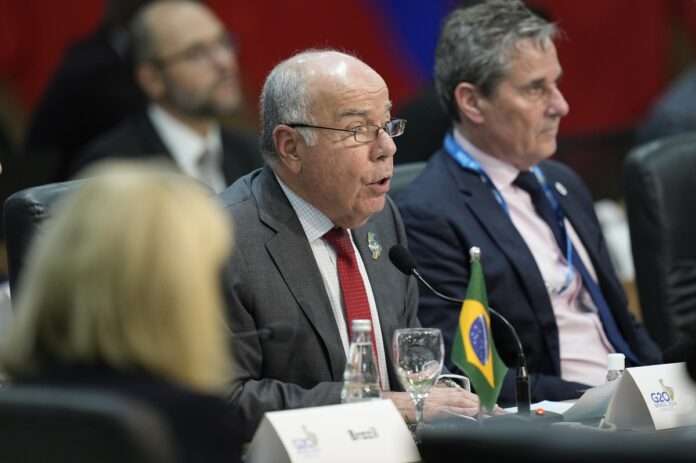 Brazils Foreign Minister Mauro Vieira speaks during the G20 foreign ministers meeting