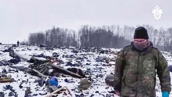 wreckage of the Russian military Il 76 plane crashed area near Yablonovo Belgorod region of Russia