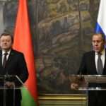 Russian Foreign Minister Sergey Lavrov right and Belarusian Foreign Minister Sergei Aleinik
