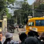 Yangon on April 17 2024 prison Relatives wait for prisoners being released