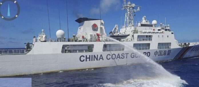a Chinese coast guard ship uses water canons on a Philippine Coast Guard