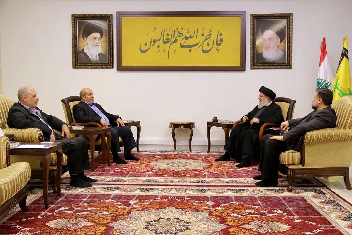 Hezbollah Chief Hassan Nasrallah meeting with a delegation from Hamas headed by Khalil al Hayyeh