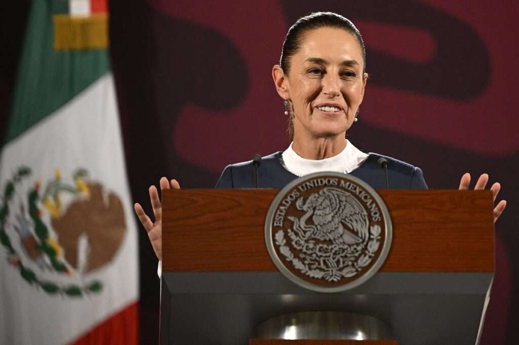 Mexicos President elect Claudia Sheinbaum gestures during a press conference at the National Palace